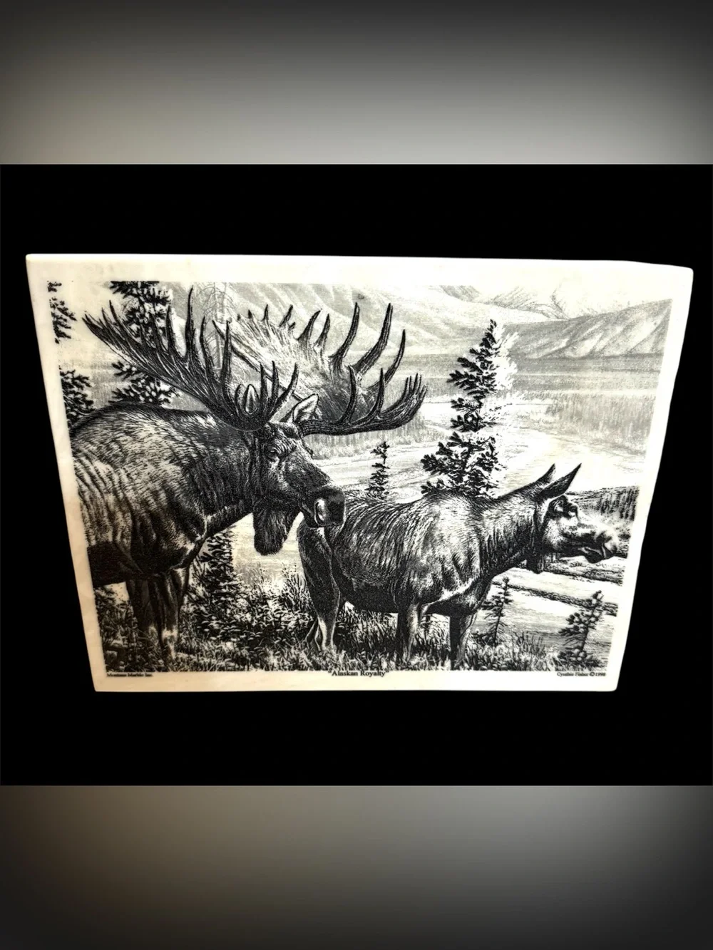 VTG 1998 Cynthie Fisher Alaskan Royalty Montana Marble Inc. Tile Art Moose